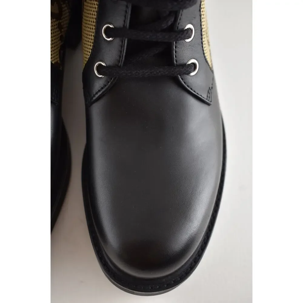 Gucci Marmont Black Leather Beige GG Coated Canvas Logo Print Combat Boots 38